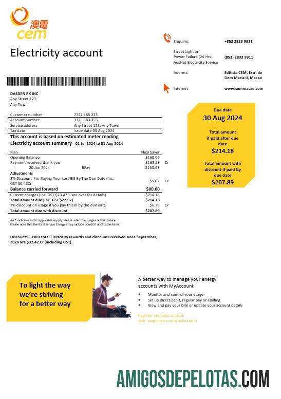 Em branco modelo Word e PDF para conta de serviços públicos de electricidade da CEM de Macau